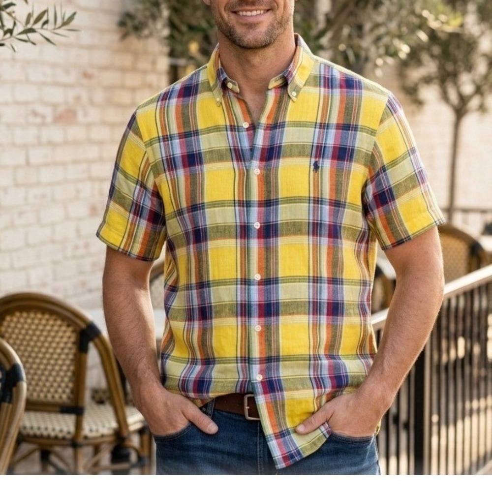 Ralph Lauren Mens Yellow Plaid Madras 100% Linen Short Sleeve Button Up Shirt L